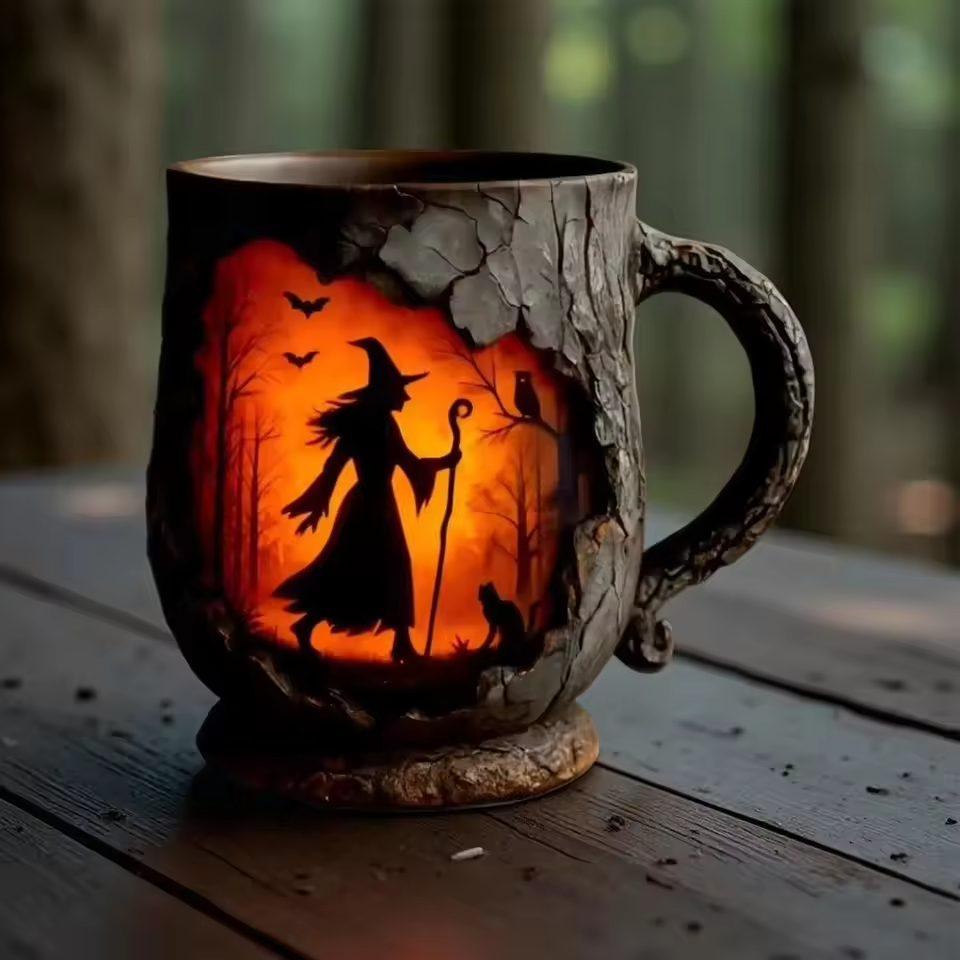 Artisan 3D Halloween Mug with Witch and Cat