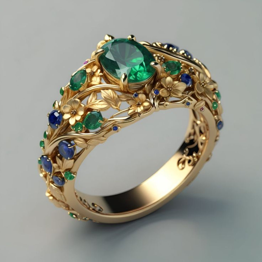 Gold ring with green and blue crystals – 15