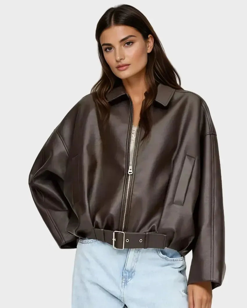 Louise – Vegan Leather Jacket – Brown / XS