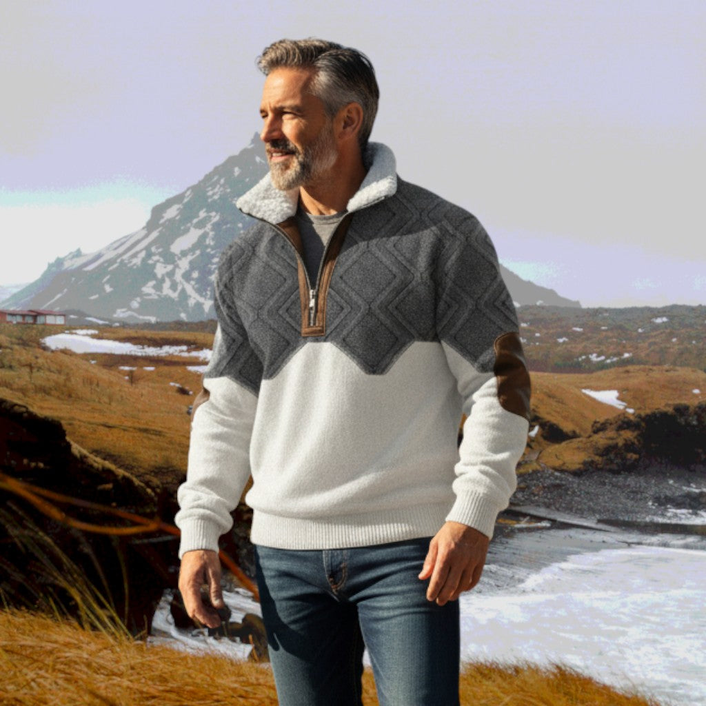 Marcus – Stylish men's Jumper with warm fleece collar – Grey/White / S