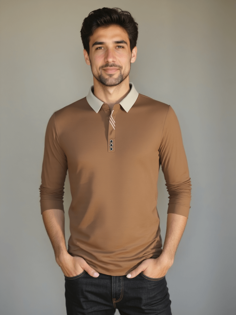 René – Elegant Long Sleeve Polo – Khaki / M