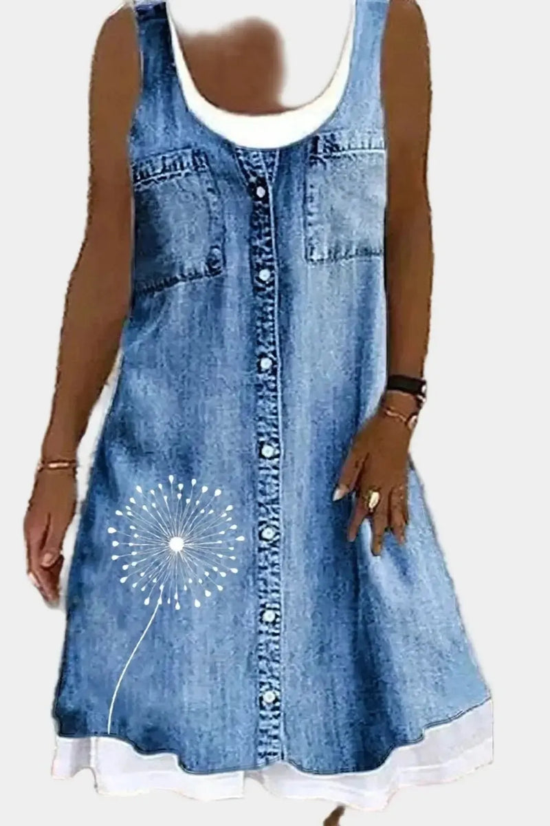 Agnes – Denim Dress – Daisy pattern / S