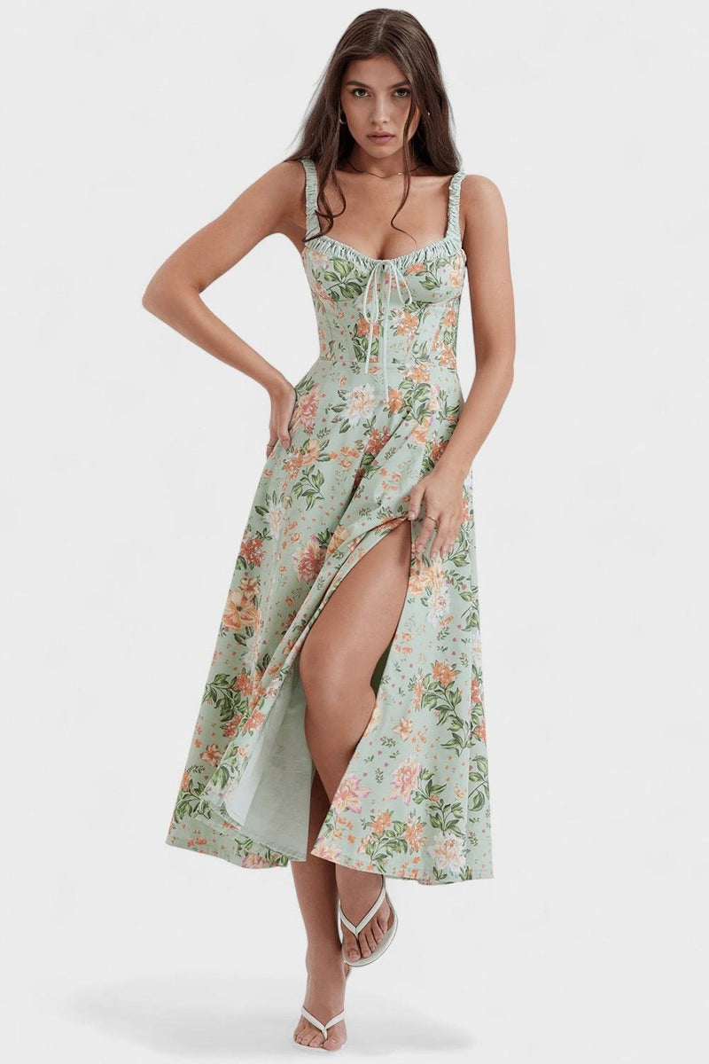 Amelie – Midi dress – Green with floral print / XS