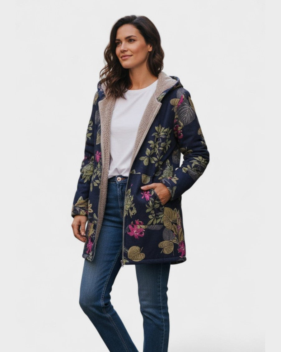 Aurora – Navy Blue Garden Floral Plush Coat – S