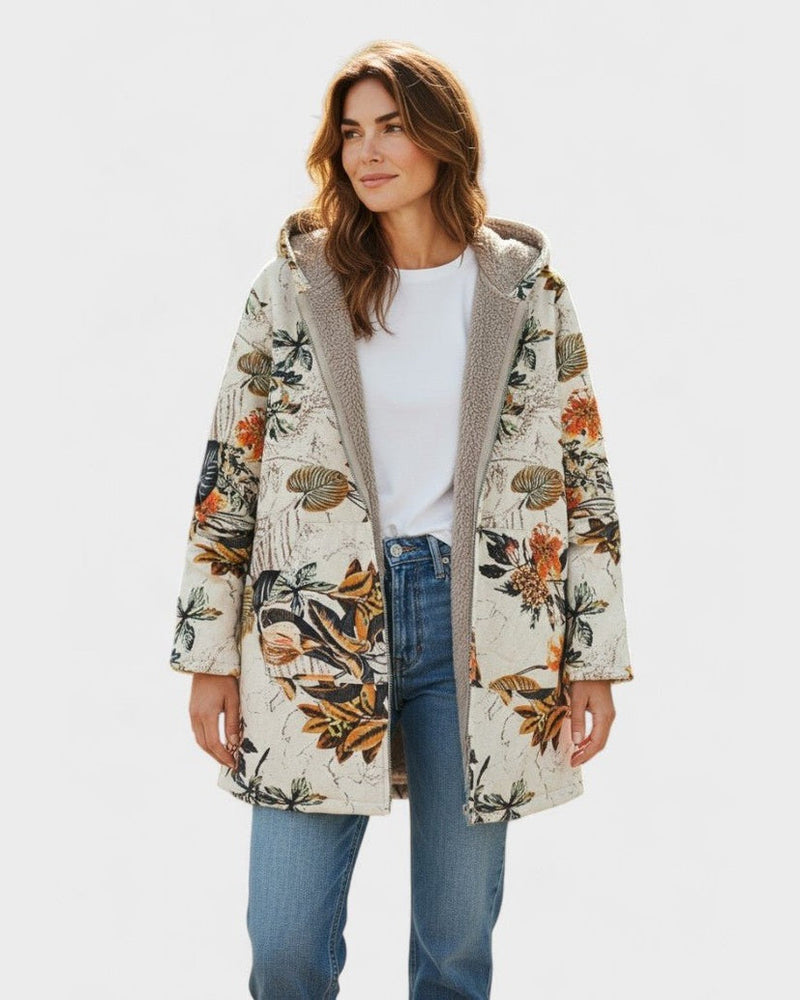 Elena – Boho Floral Sherpa Hooded Coat – S