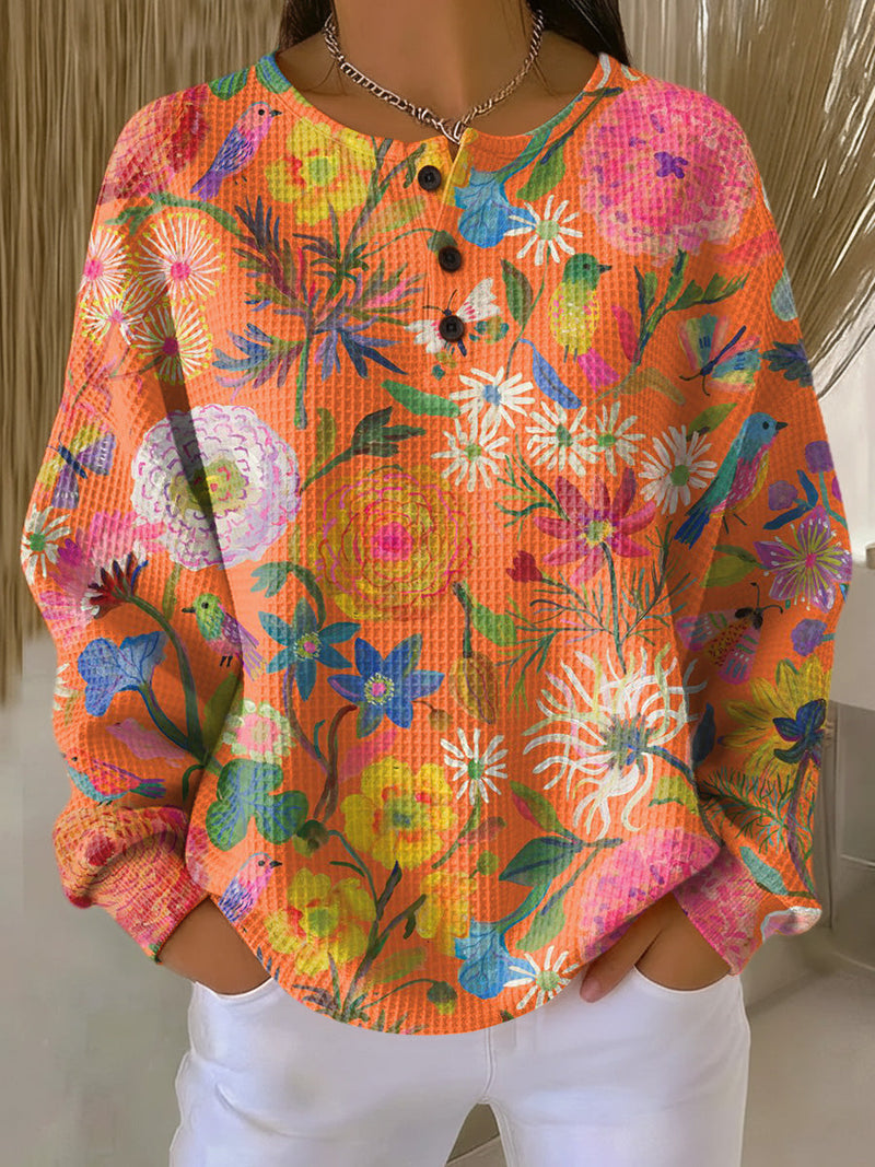 Freja - Jumper with colorful floral pattern – Orange flowers / S