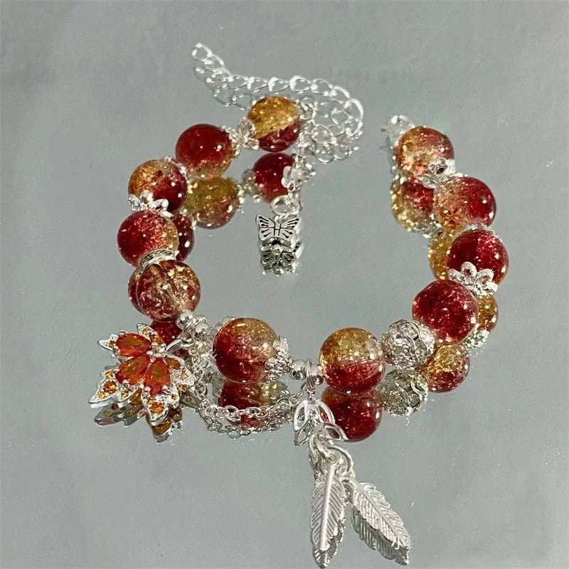 Necklace with autumn silver leaf and butterfly