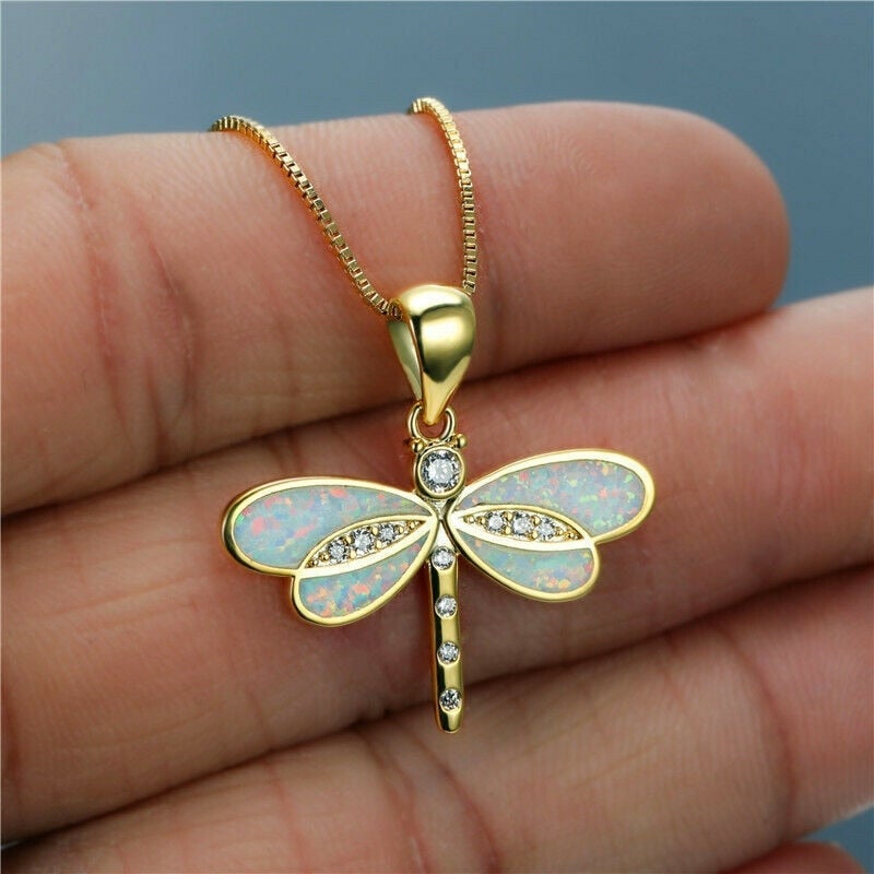 Necked with a gold colored dragonfly with opal – White