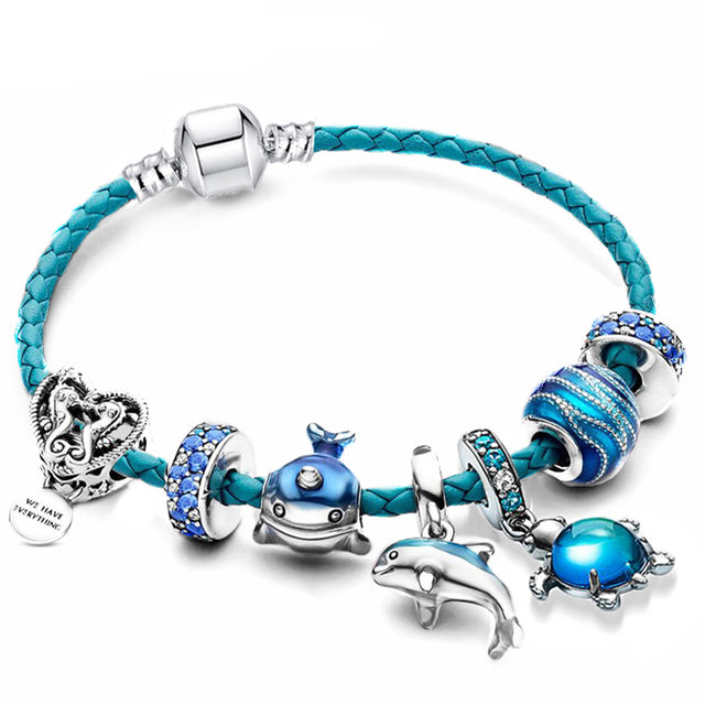 Ocean Bracelet + pendant included in leather and silver – 16 cm