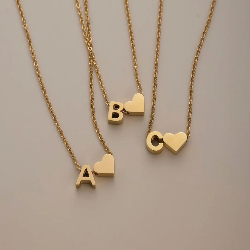 Tidless Initial Necklace with Heart Pendant – Gold / A