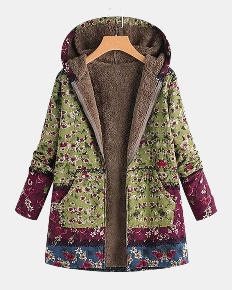 Willow – Green & Maroon Cottagecore Floral Coat – S